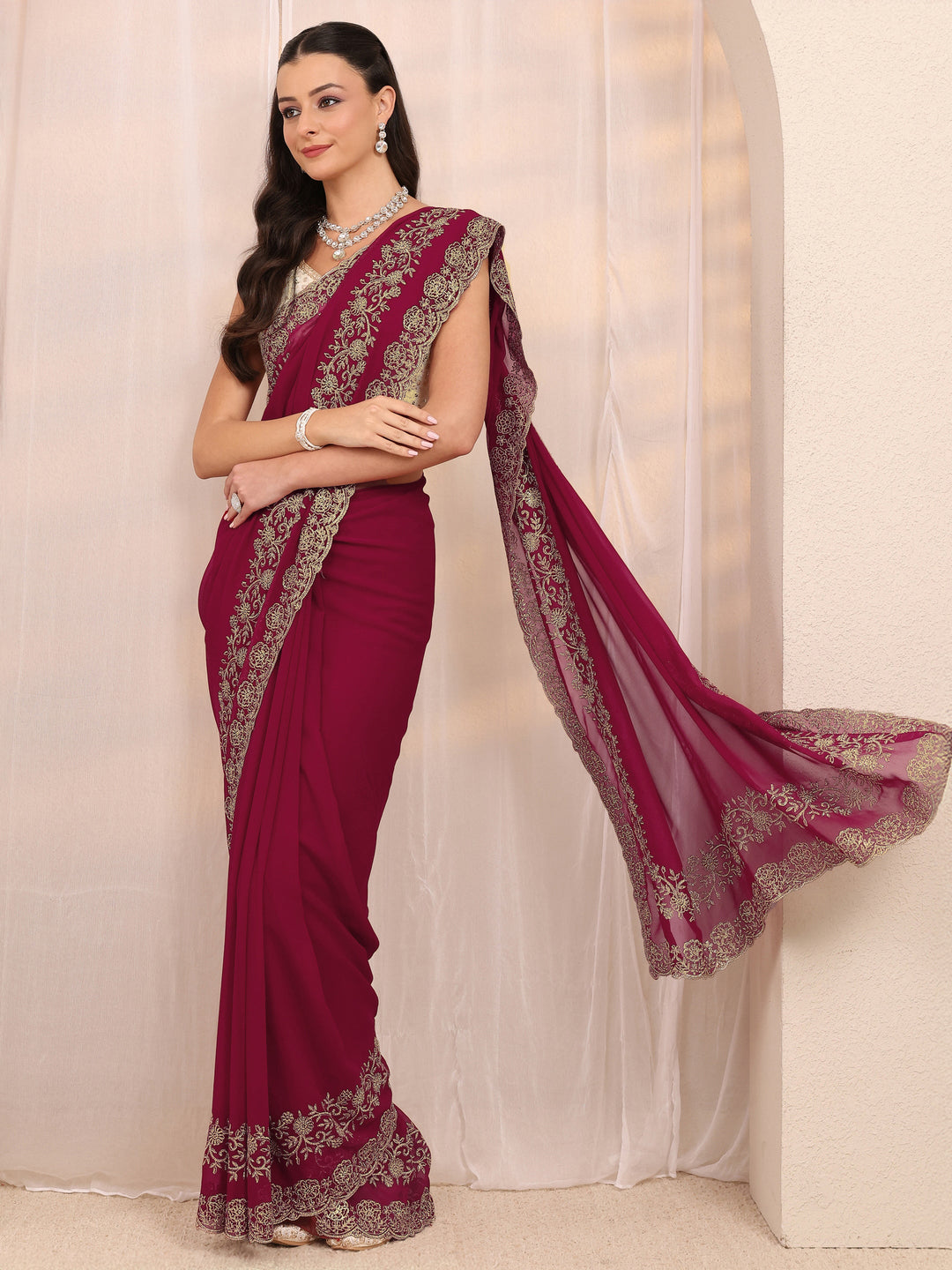 Libas Art Pink Embellished Silk Blend Saree With Unstitched Blouse Piece