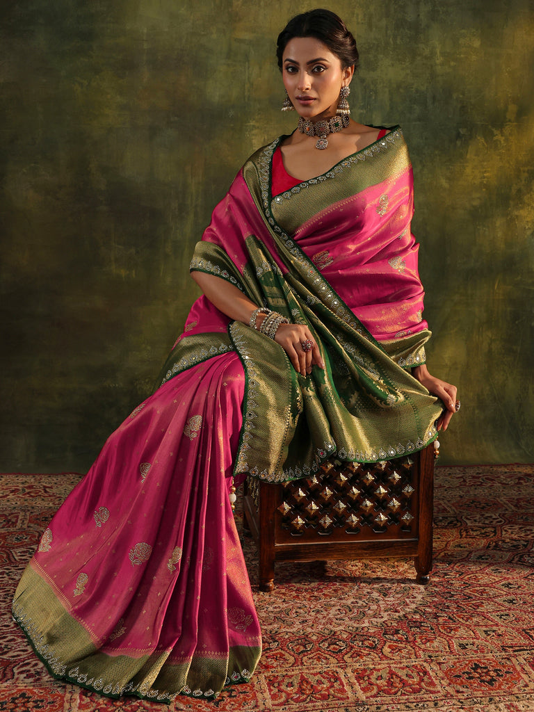 Libas Art Pink Embellished Silk Blend With Unstitched Blouse Piece