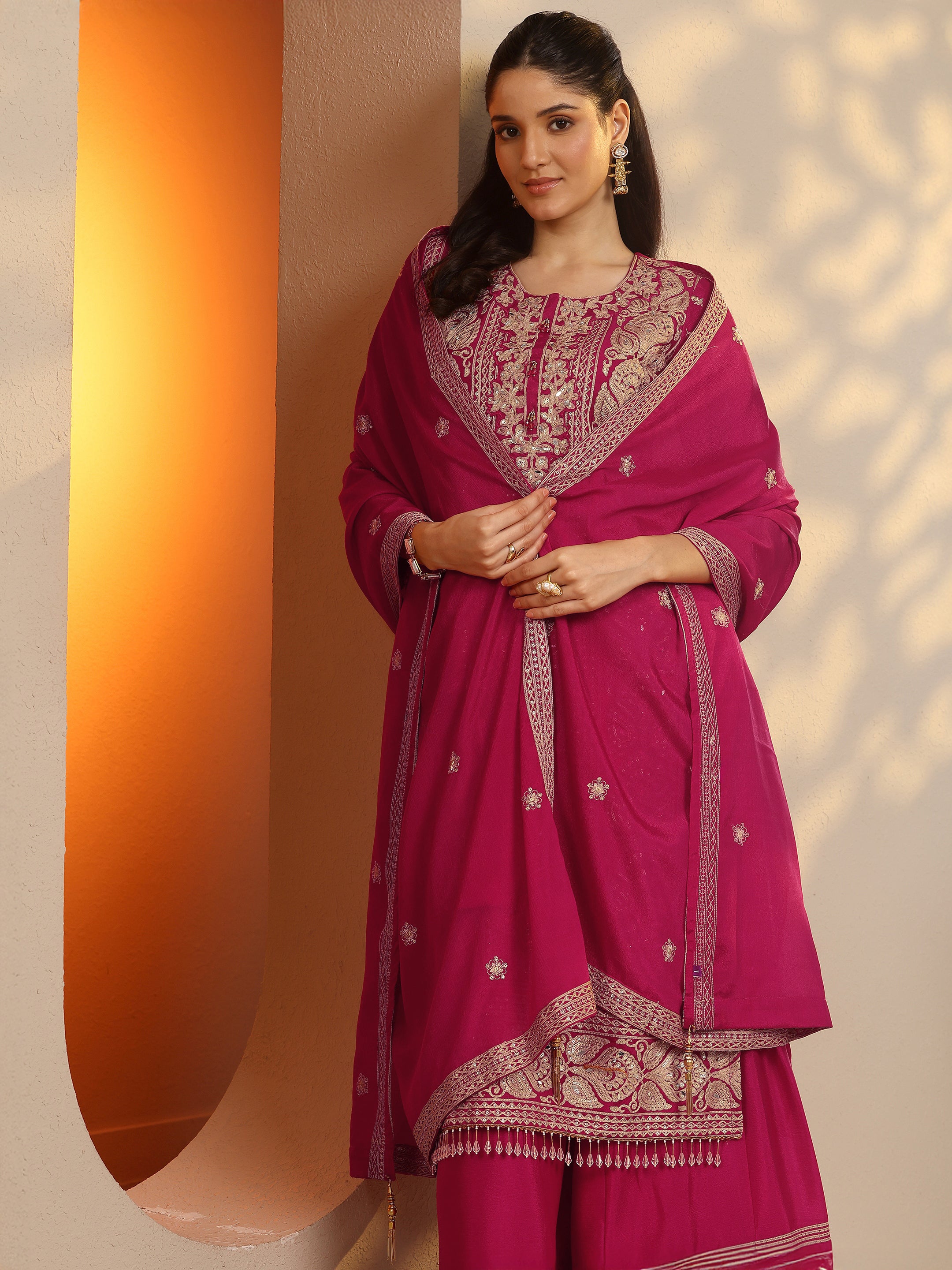 Libas Art Pink Embroidered Chinon Straight Suit Set With Dupatta-image-41