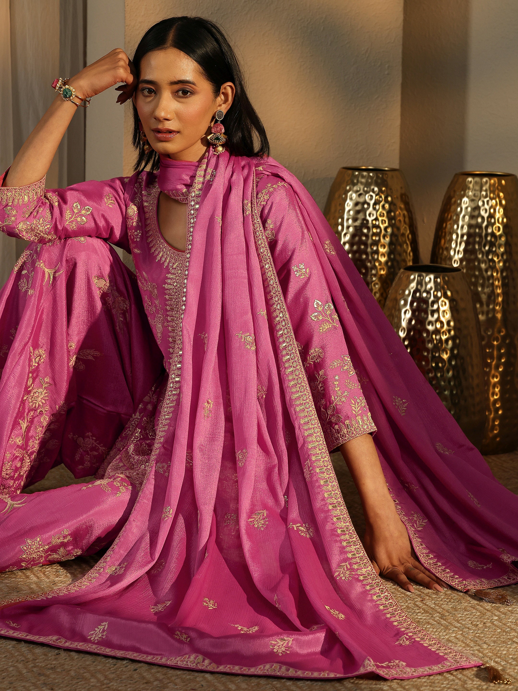 Libas Art Pink Embroidered Chinon Straight Suit Set With Dupatta-image-40