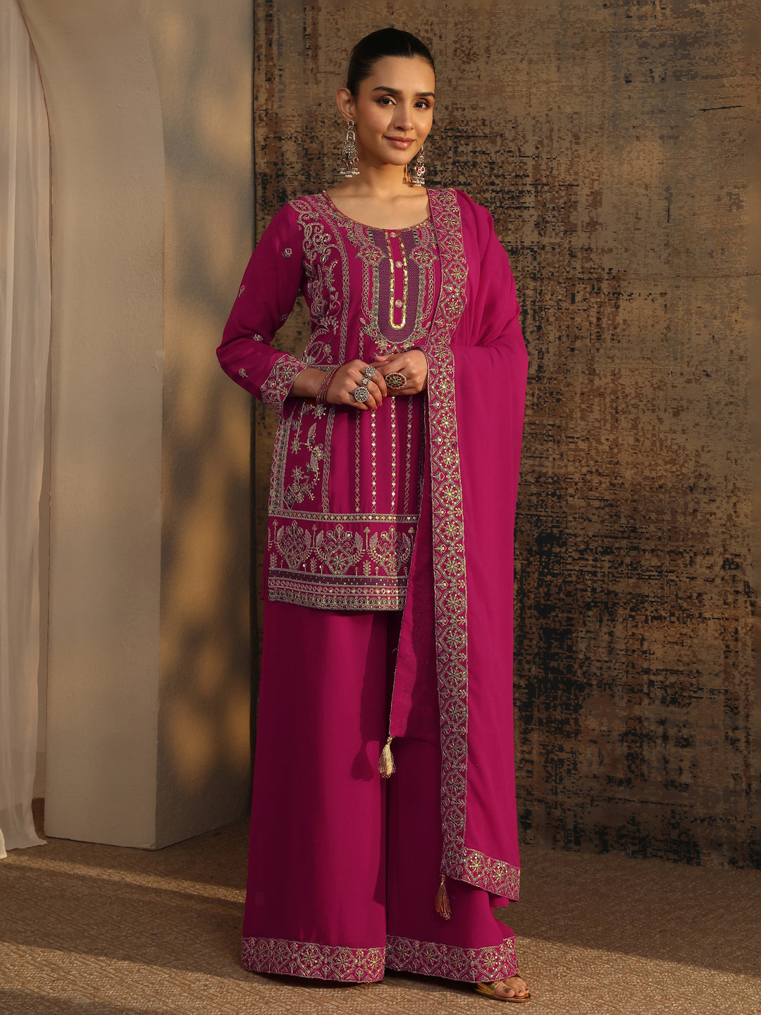 Libas Art Pink Embroidered Chinon Straight Suit Set With Dupatta