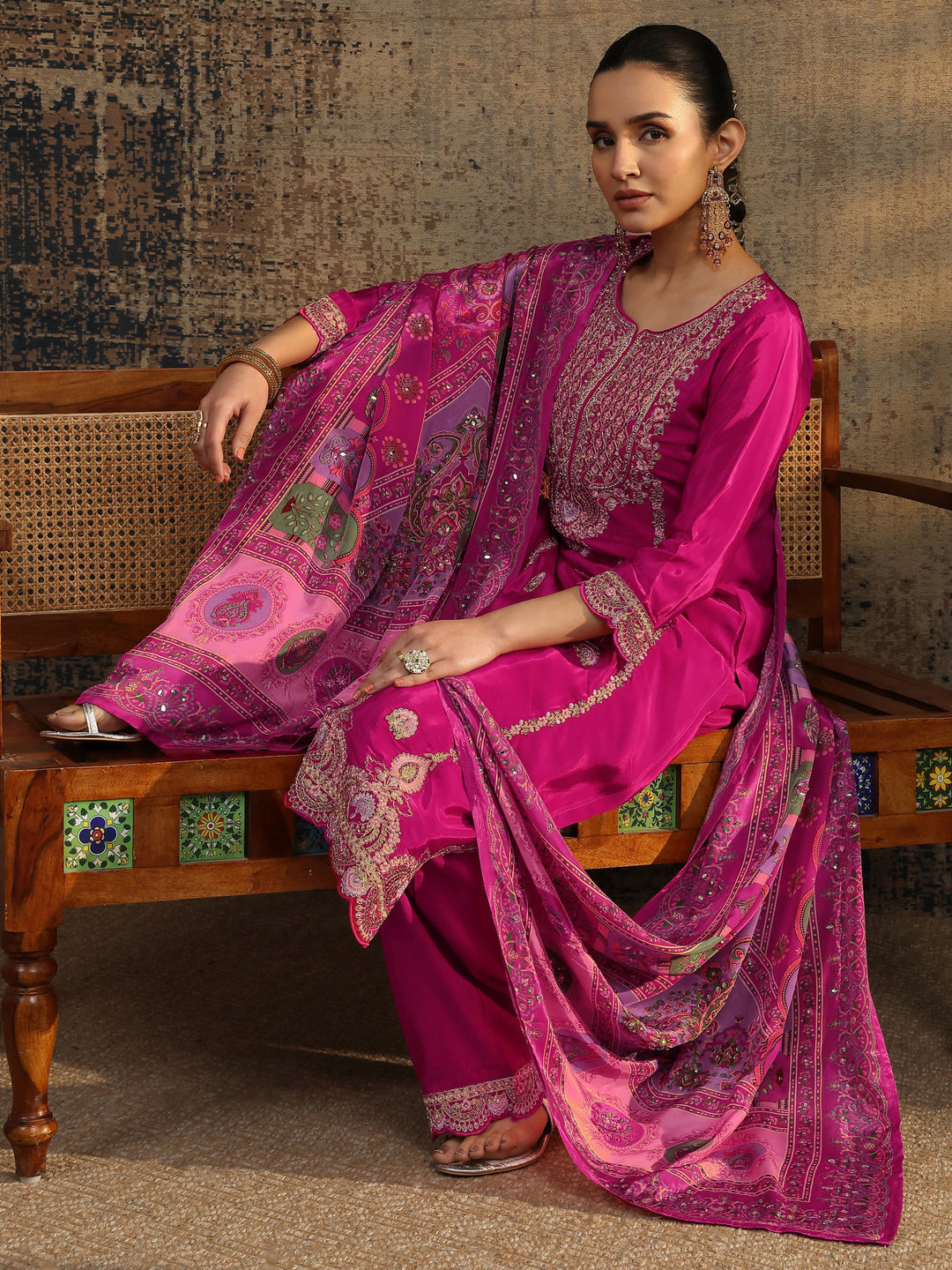 Libas Art Pink Embroidered Crepe Straight Suit Set With Dupatta