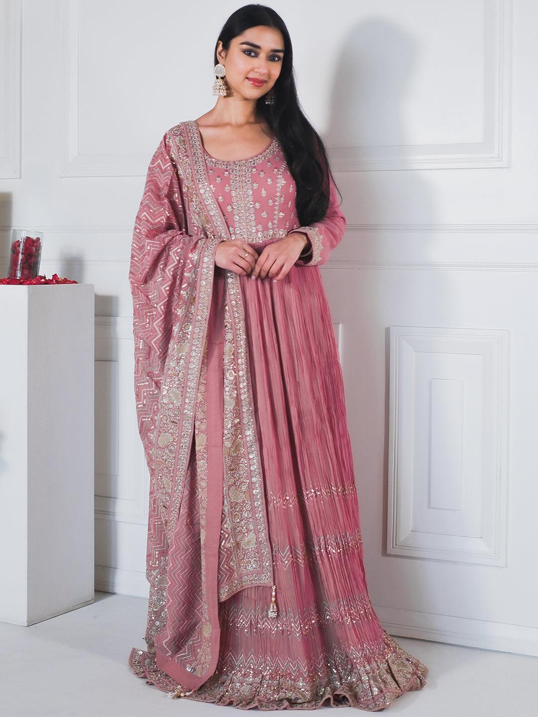 Libas Art Pink Embroidered Georgette A-Line Kurta With Trousers & Dupatta - Libas