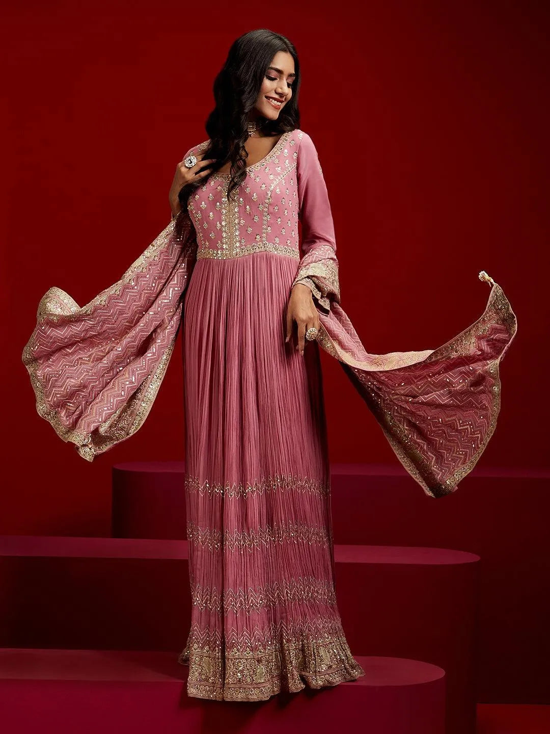 Libas Art Pink Embroidered Georgette A-Line Kurta With Trousers & Dupatta - Libas 