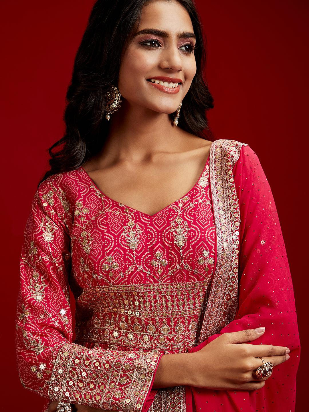 Libas Art Pink Embroidered Georgette A-Line Kurta With Trousers & Dupatta
