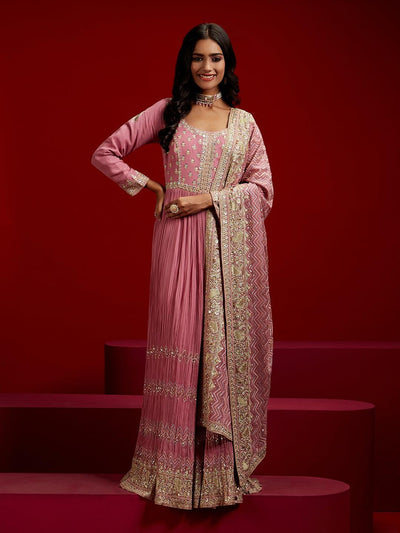 Libas Art Pink Embroidered Georgette A-Line Kurta With Trousers & Dupatta - Libas