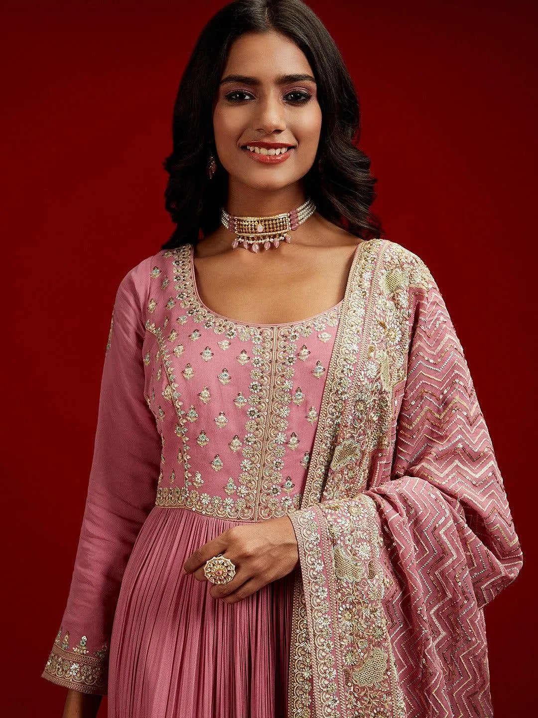 Libas Art Pink Embroidered Georgette A-Line Kurta With Trousers & Dupatta - Libas 