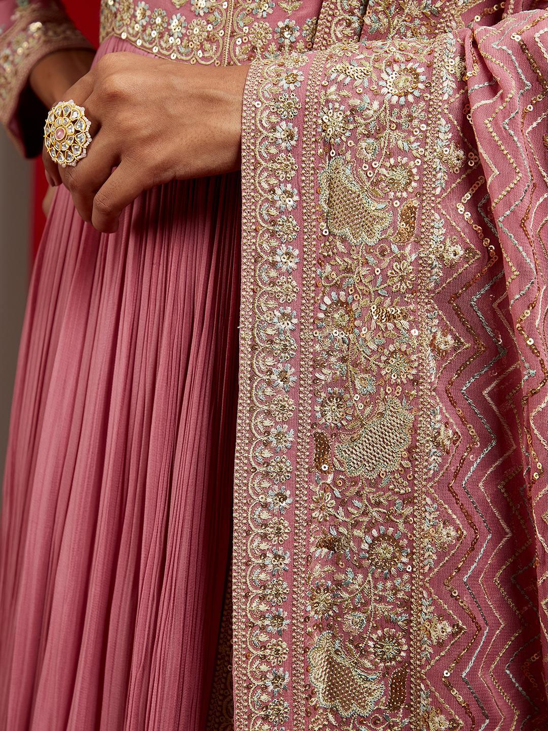 Libas Art Pink Embroidered Georgette A-Line Kurta With Trousers & Dupatta