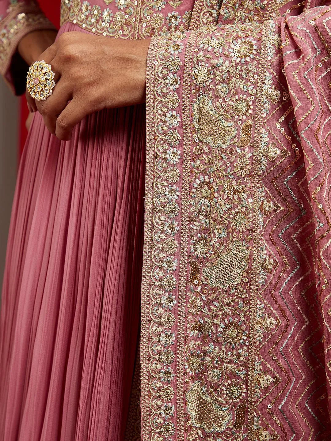 Libas Art Pink Embroidered Georgette A-Line Kurta With Trousers & Dupatta - Libas 