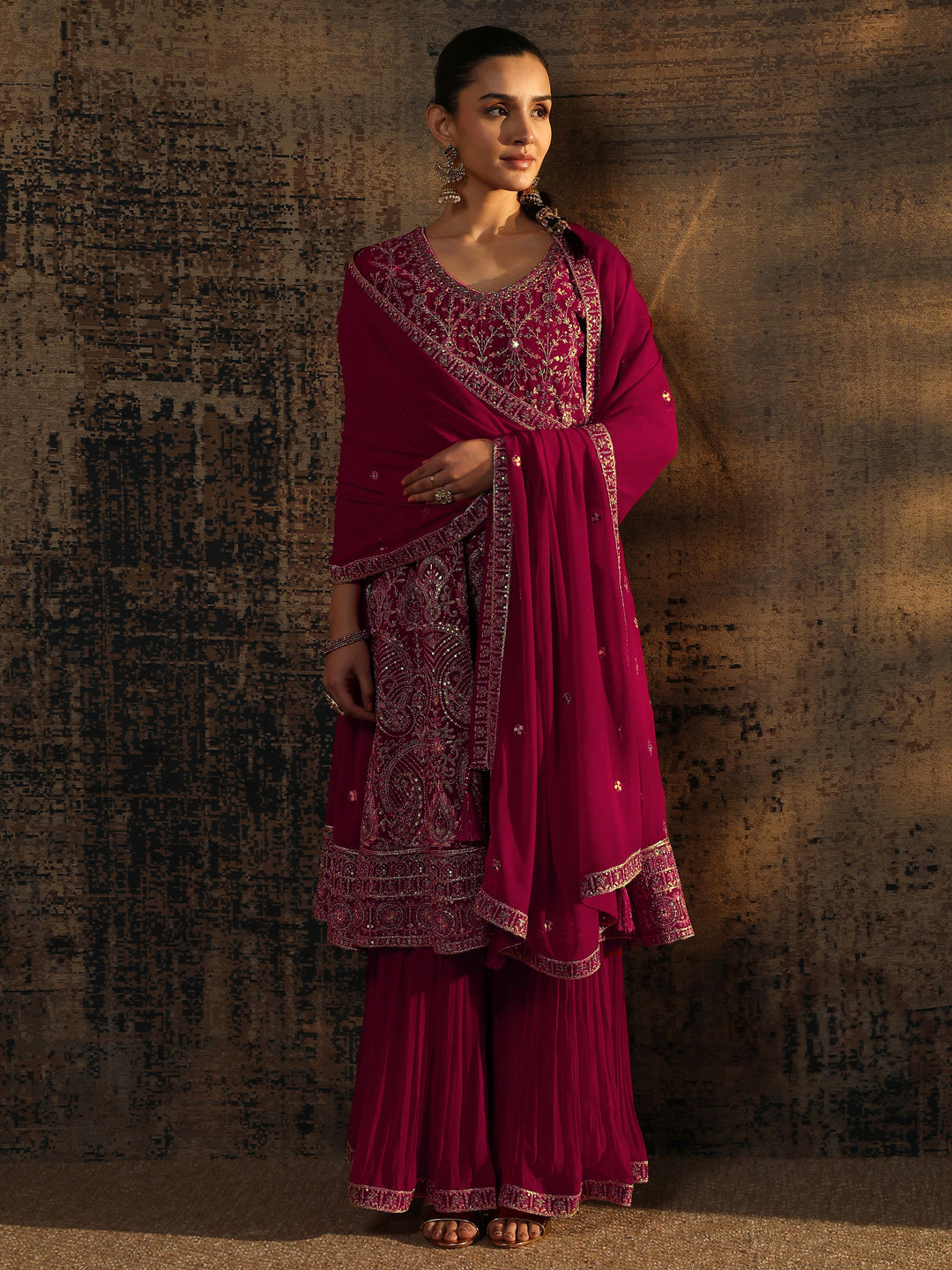 Libas Art Pink Embroidered Georgette Anarkali Suit Set With Dupatta