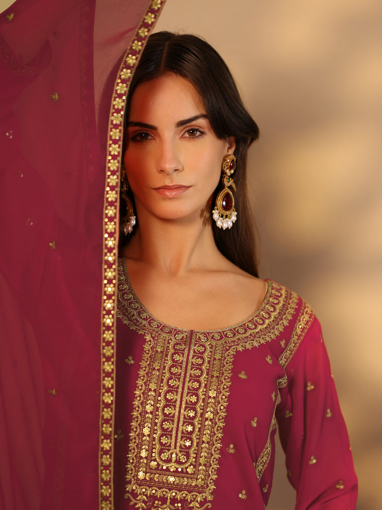 Libas Pink Embroidered Georgette Suit Set With Dupatta
