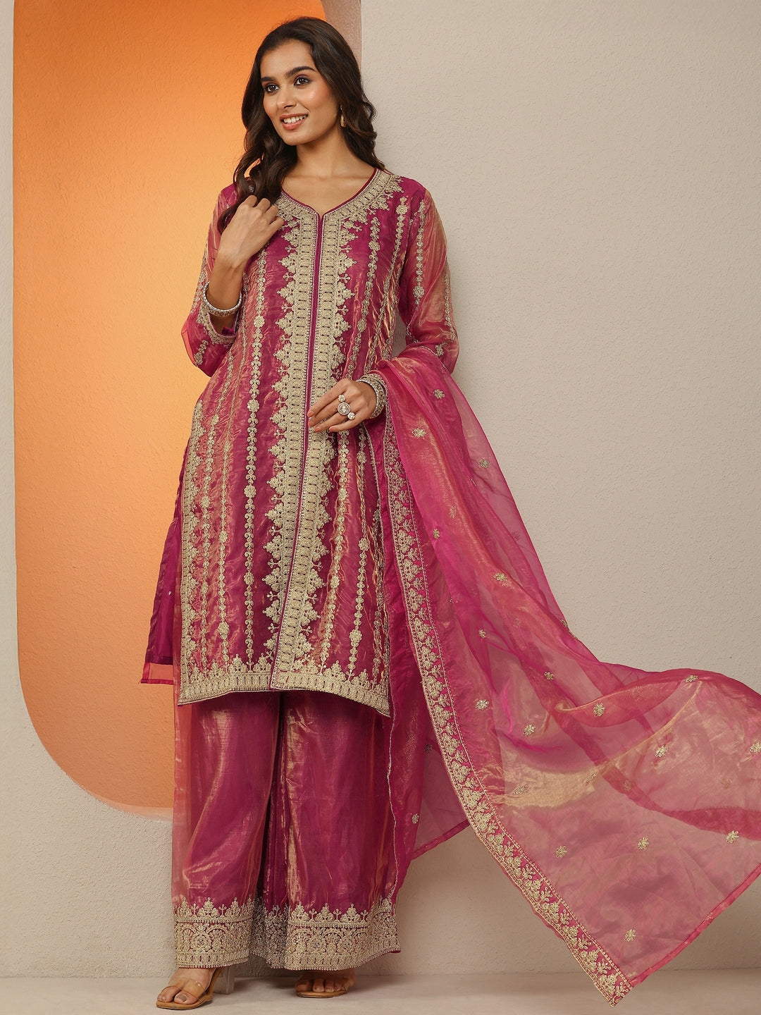Libas Art Pink Embroidered Organza Straight Suit Set With Dupatta