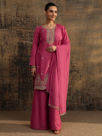 Libas Art Pink Embroidered Organza Straight Suit Set With Dupatta
