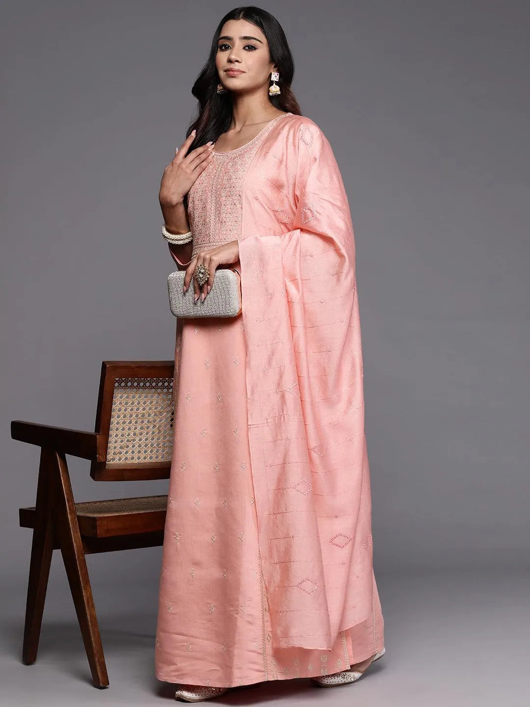 Libas Art Pink Embroidered Silk Blend A-Line Kurta With Trousers & Dupatta - Libas