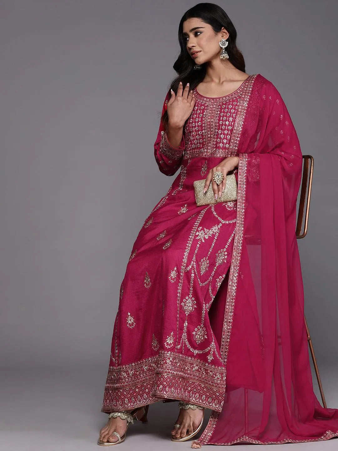 Libas Art Pink Embroidered Silk Blend A-Line Kurta With Trousers & Dupatta - Libas