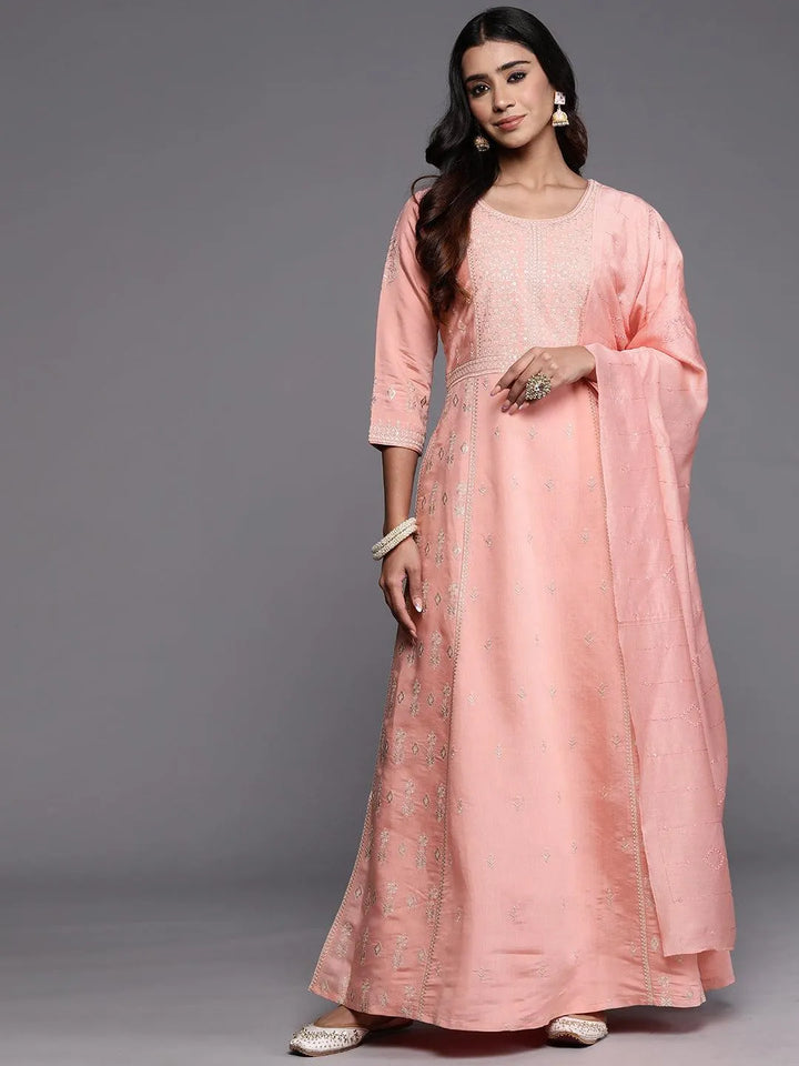Libas Art Pink Embroidered Silk Blend A-Line Kurta With Trousers & Dupatta - Libas