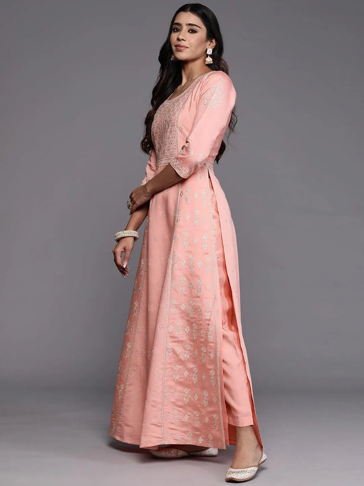 Libas Art Pink Embroidered Silk Blend A-Line Kurta With Trousers & Dupatta - Libas
