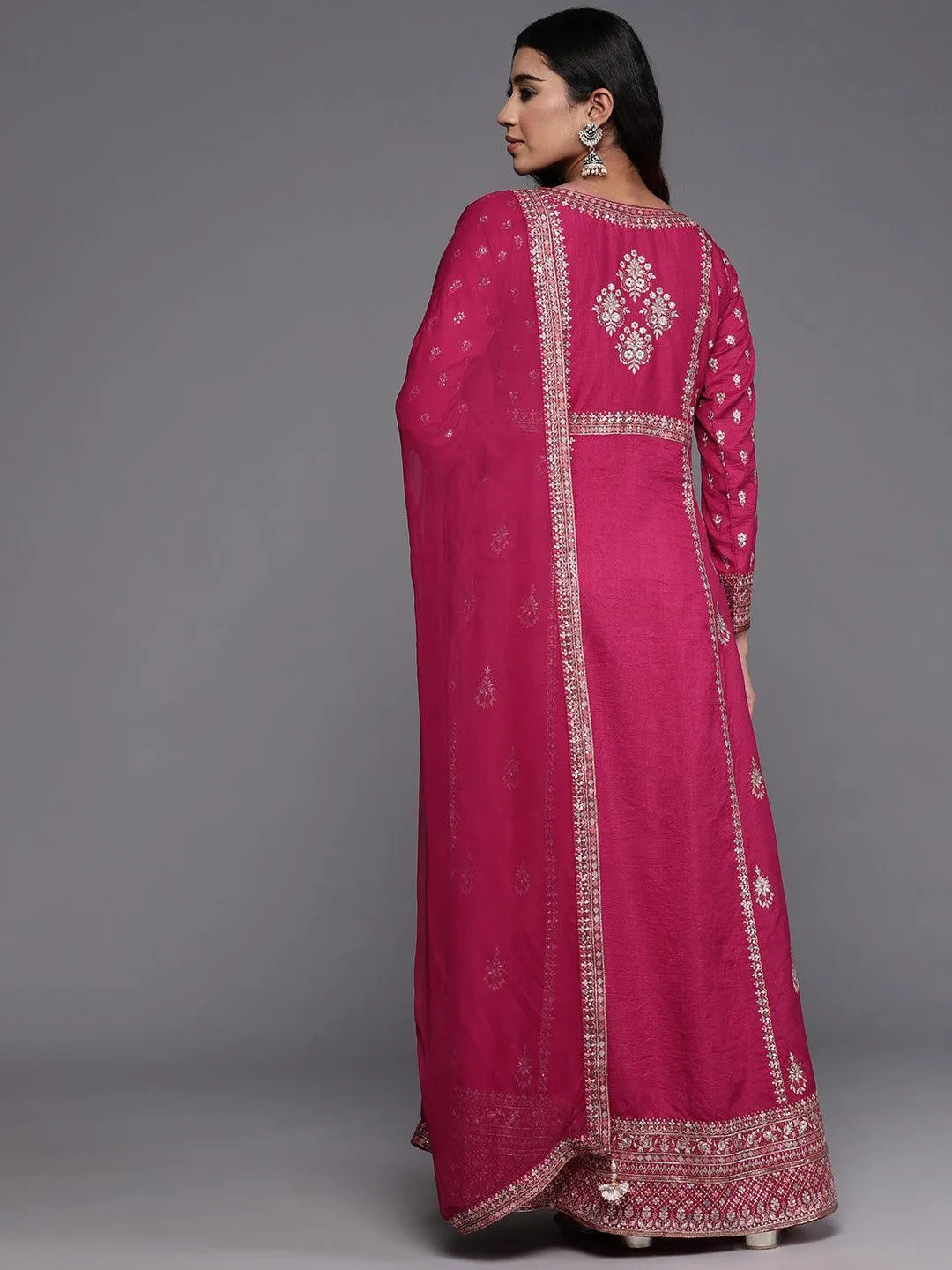 Libas Art Pink Embroidered Silk Blend A-Line Kurta With Trousers & Dupatta - Libas