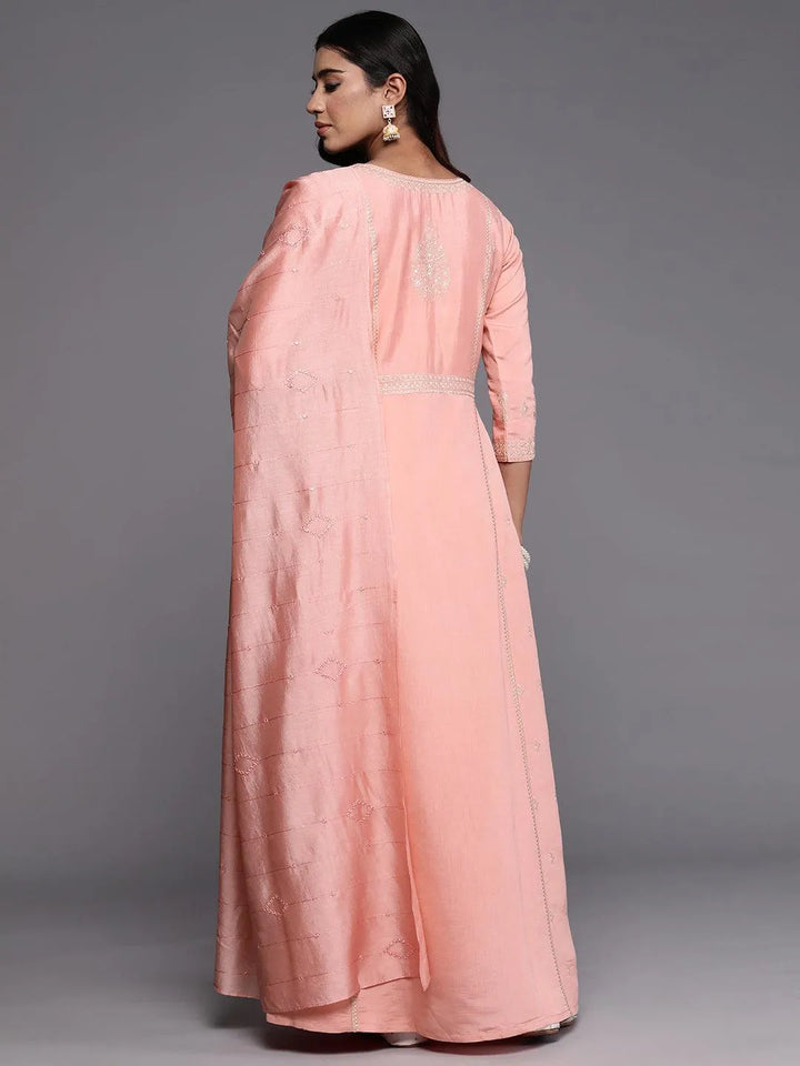 Libas Art Pink Embroidered Silk Blend A-Line Kurta With Trousers & Dupatta - Libas