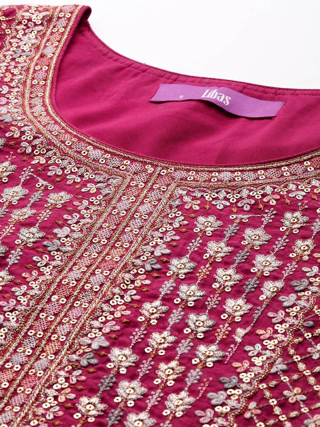 Libas Art Pink Embroidered Silk Blend A-Line Kurta With Trousers & Dupatta - Libas