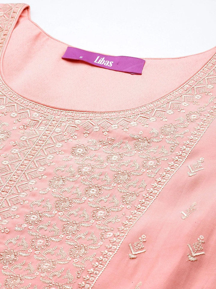 Libas Art Pink Embroidered Silk Blend A-Line Kurta With Trousers & Dupatta - Libas