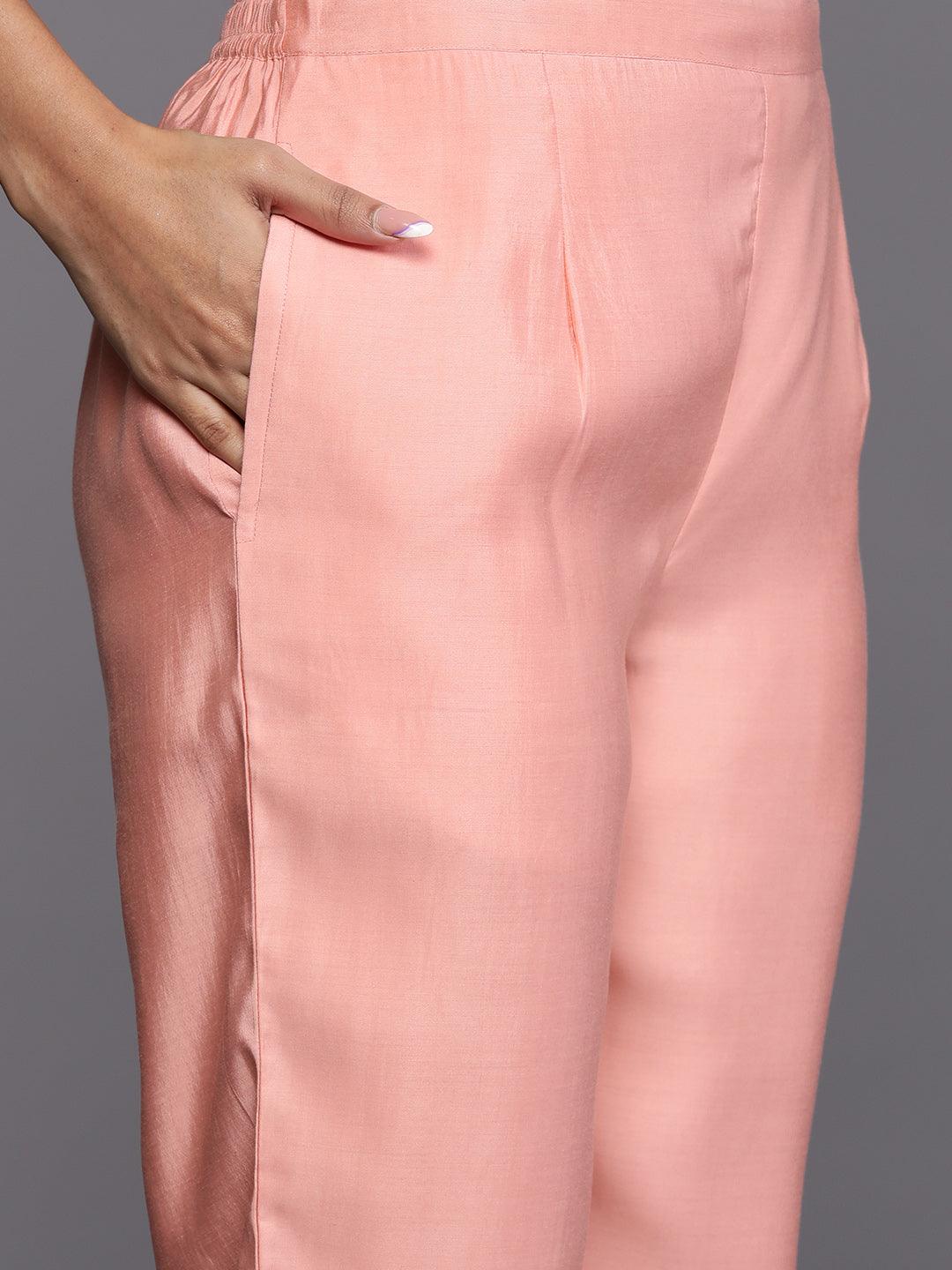 Libas Art Pink Embroidered Silk Blend A-Line Kurta With Trousers & Dupatta