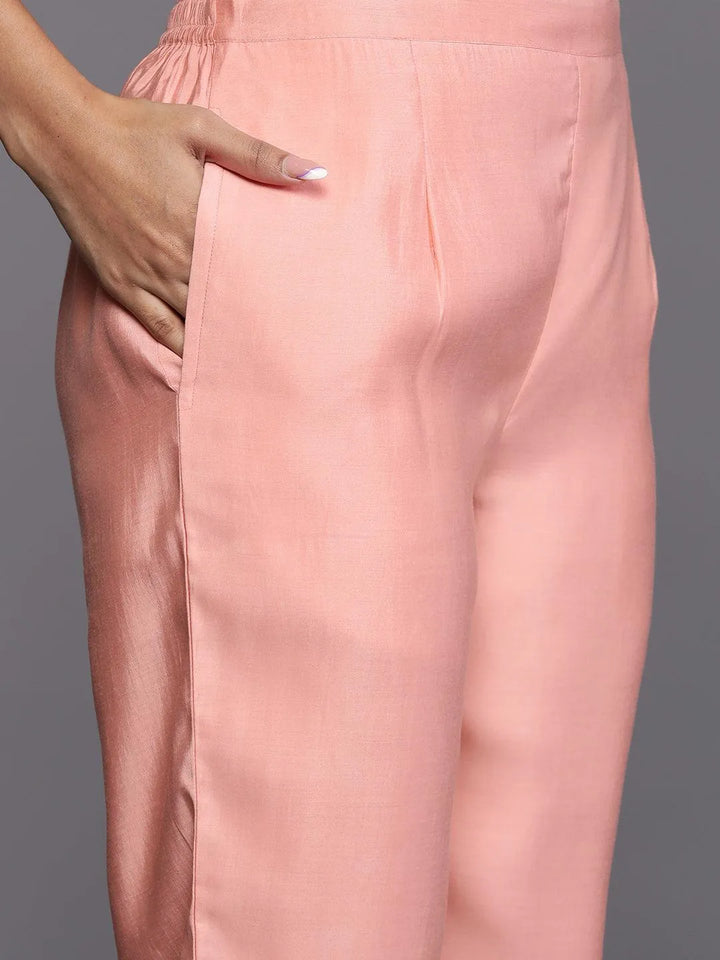 Libas Art Pink Embroidered Silk Blend A-Line Kurta With Trousers & Dupatta - Libas