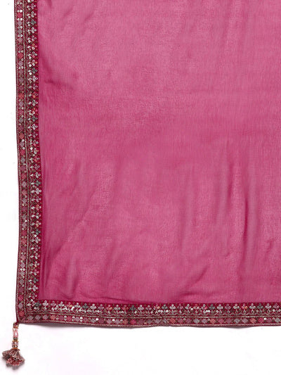 Libas Art Pink Embroidered Silk Blend A-Line Kurta With Trousers & Dupatta - Libas