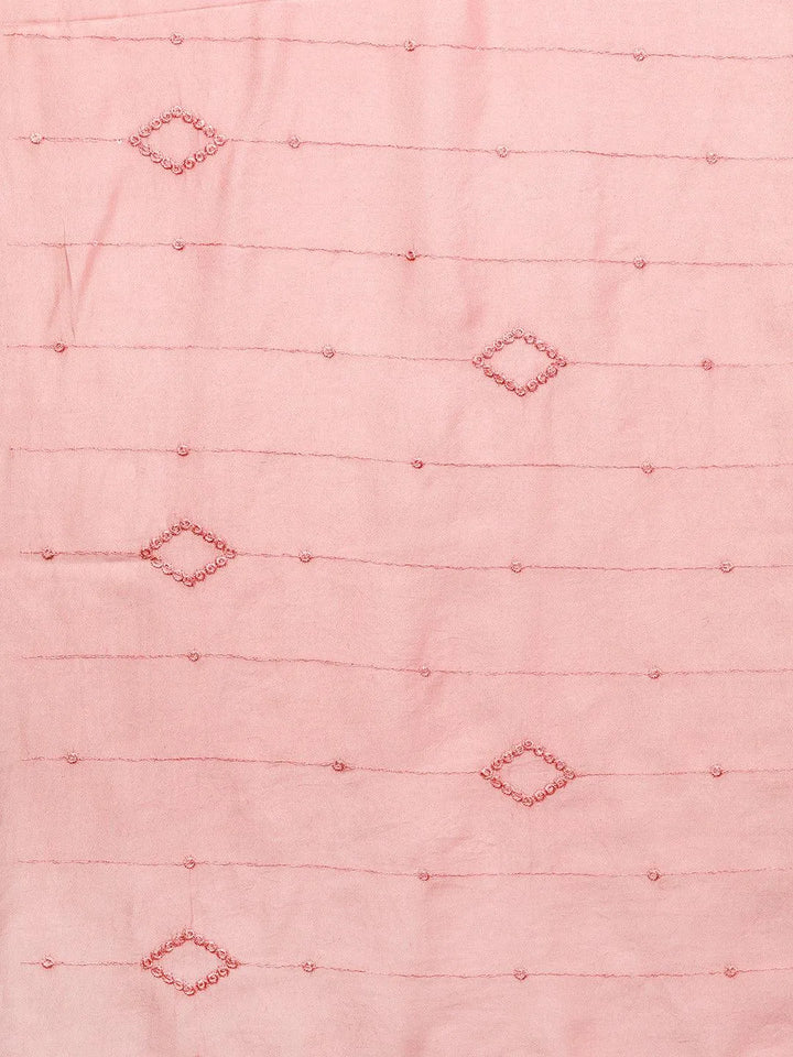 Libas Art Pink Embroidered Silk Blend A-Line Kurta With Trousers & Dupatta - Libas