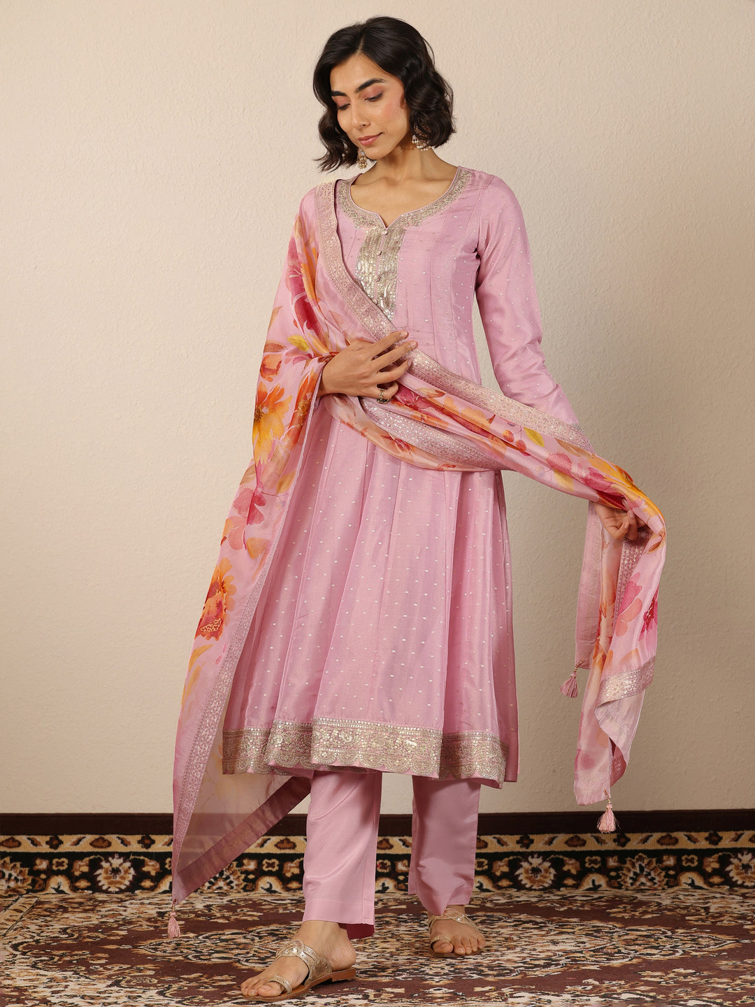 Libas Art Pink Embroidered Silk Blend Anarkali Suit Set With Dupatta