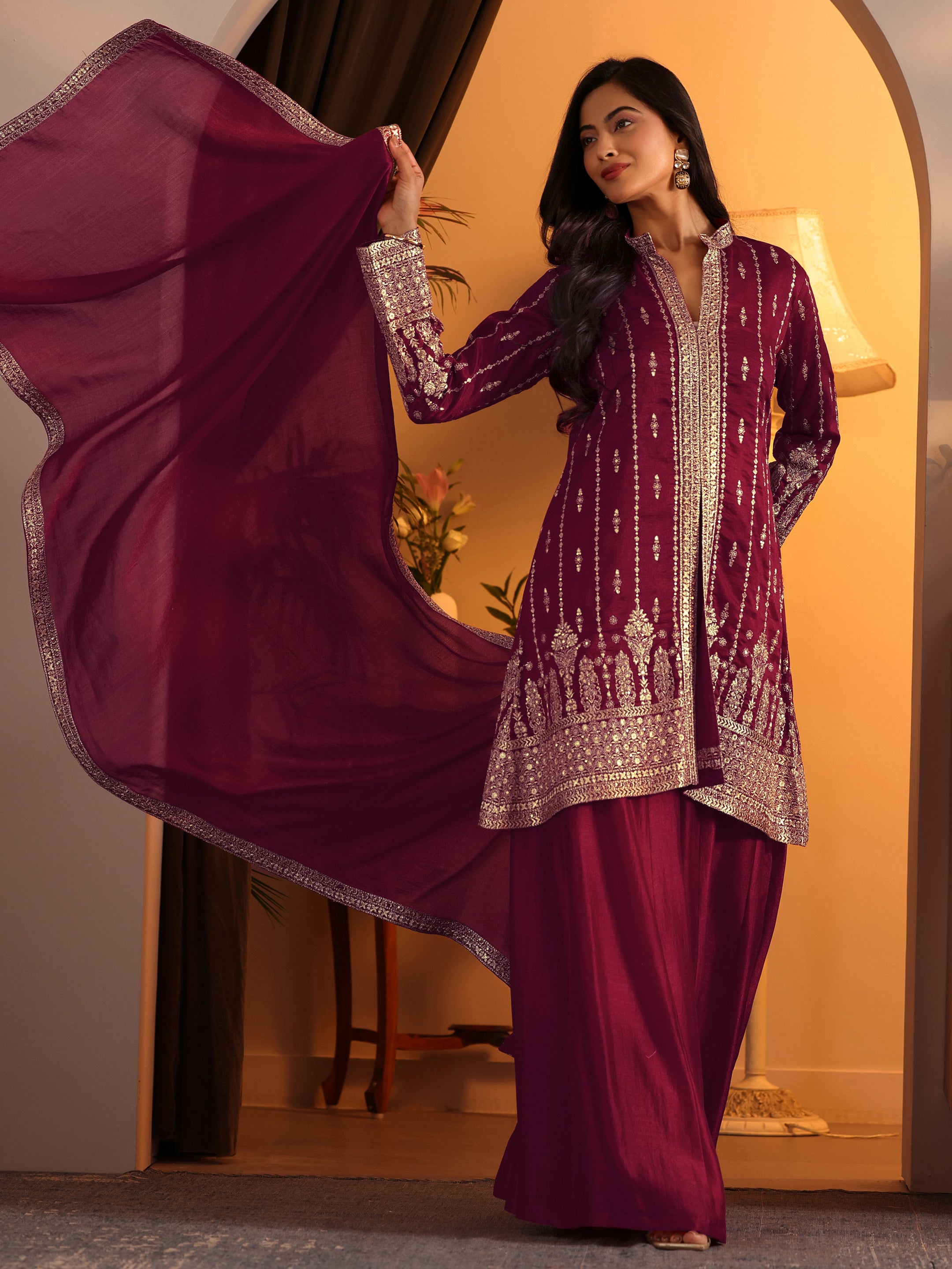 Embroidered Silk Blend Straight Suit Set With Dupatta-image-9