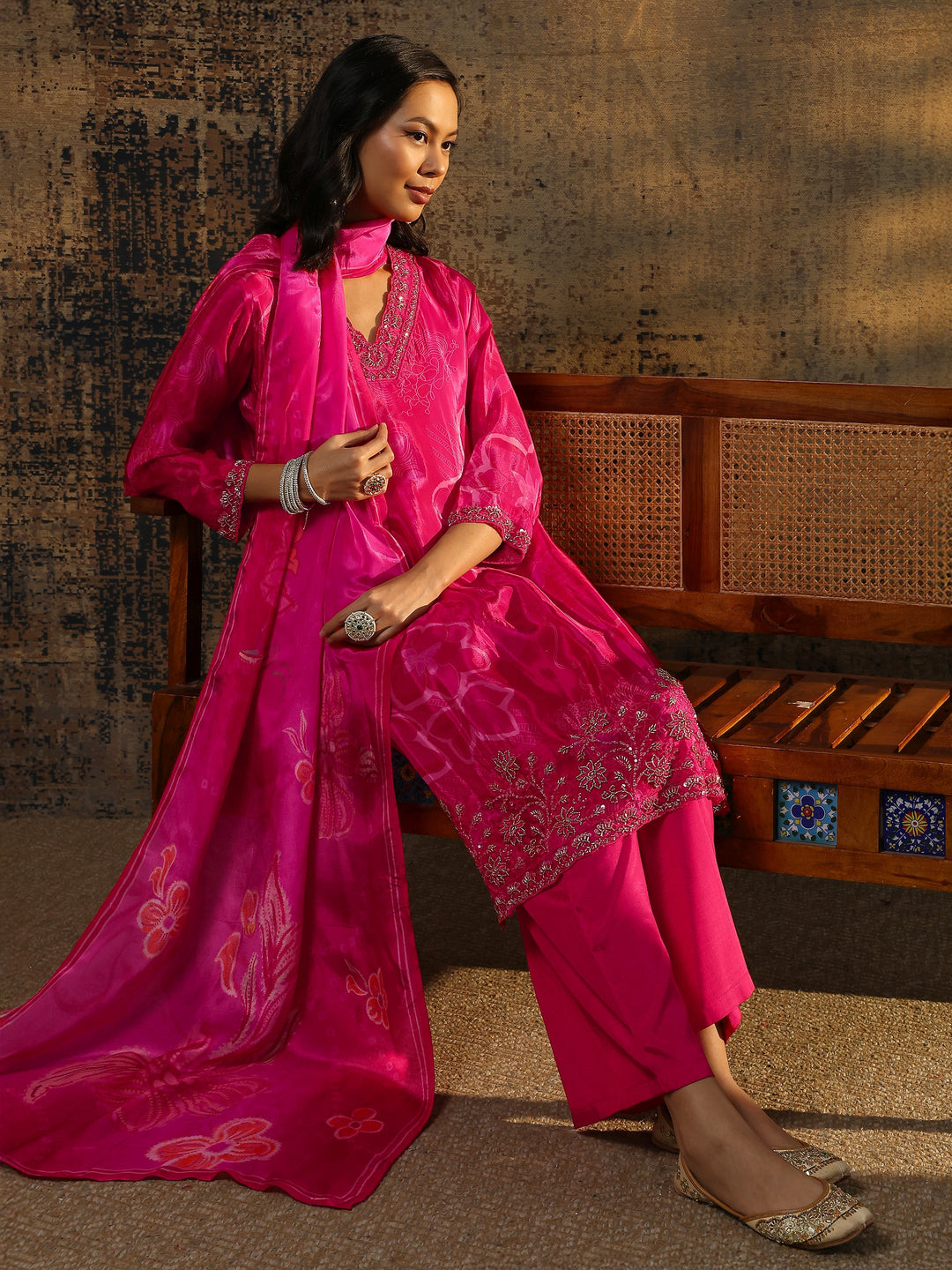 Libas Art Pink Embroidered Silk Blend Straight Suit Set With Dupatta