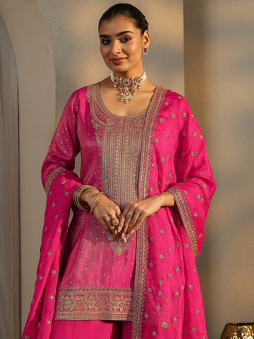 Libas Art Pink Embroidered Silk Blend Straight Suit Set With Dupatta