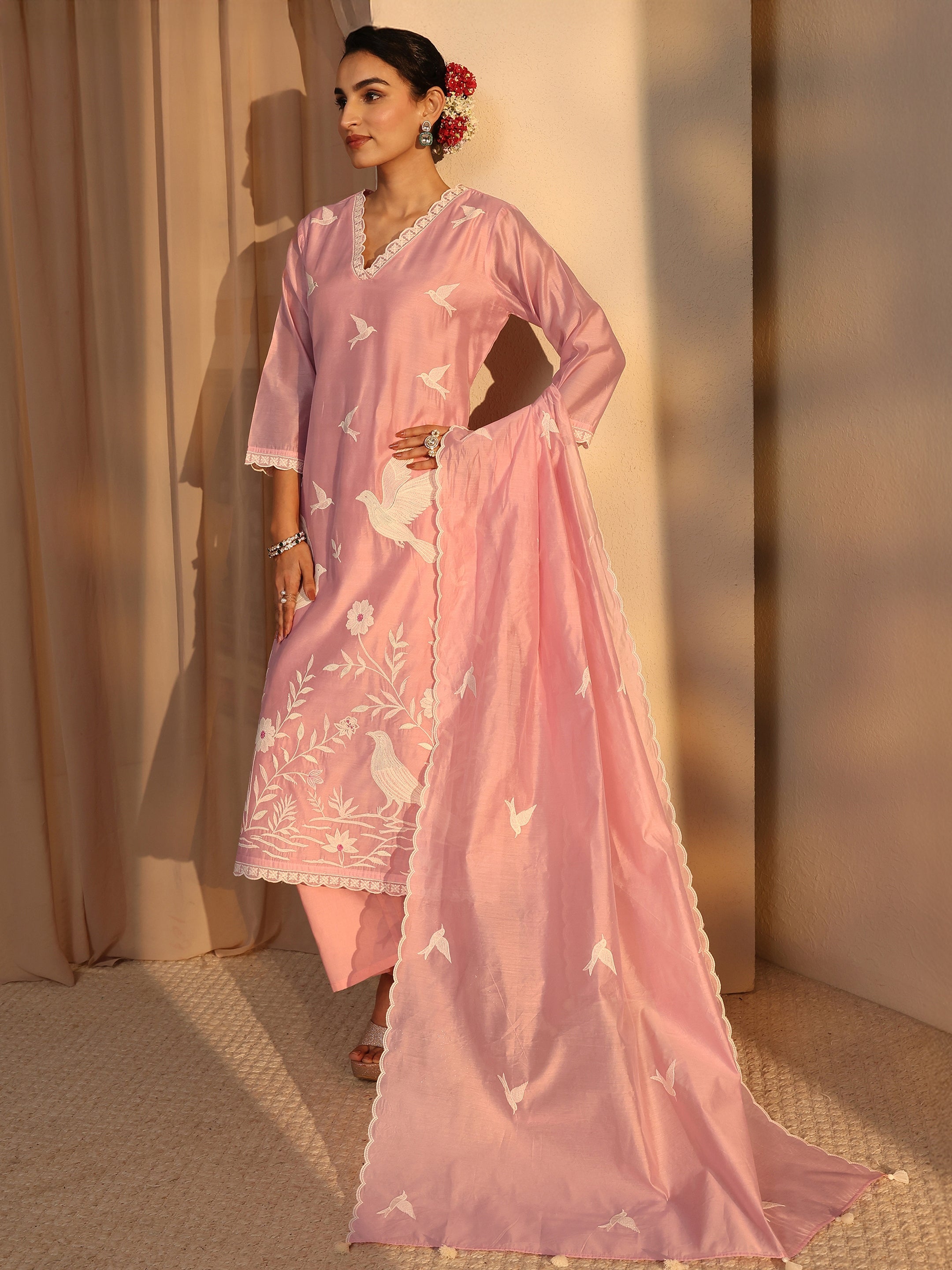 Libas Art Pink Embroidered Silk Blend Straight Suit Set With Dupatta-picture-19