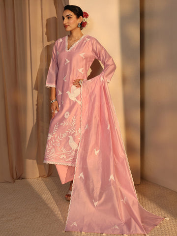 Libas Art Pink Embroidered Silk Blend Straight Suit Set With Dupatta