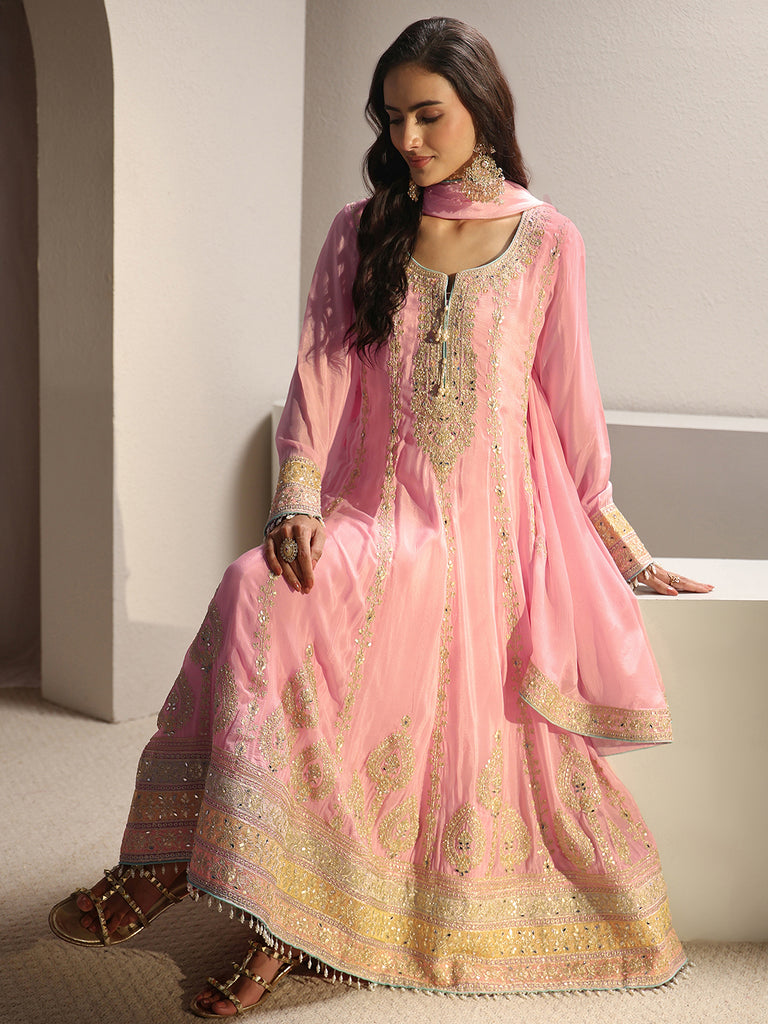 Libas Art Pink Ethnic Embellished Chinon Anarkali Suit Set With Dupatta