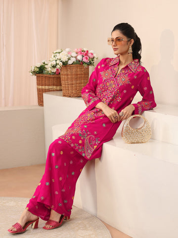 Libas Art Pink Ethnic Embroidered Crepe Co-Ord Set