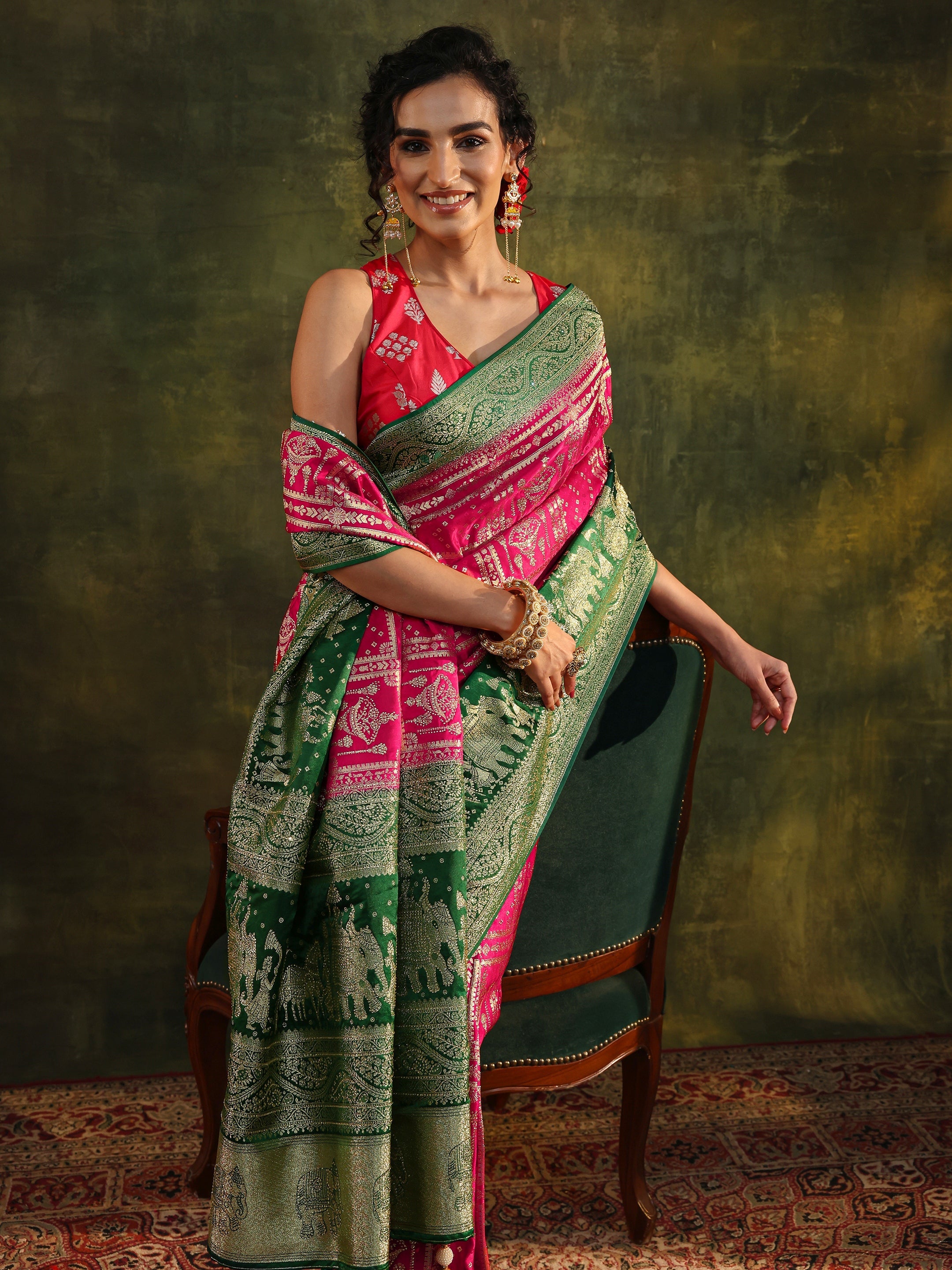 Libas Art Pink Ethnic Woven Design Satin Saree With Unstitched Blouse Piece-picture-31