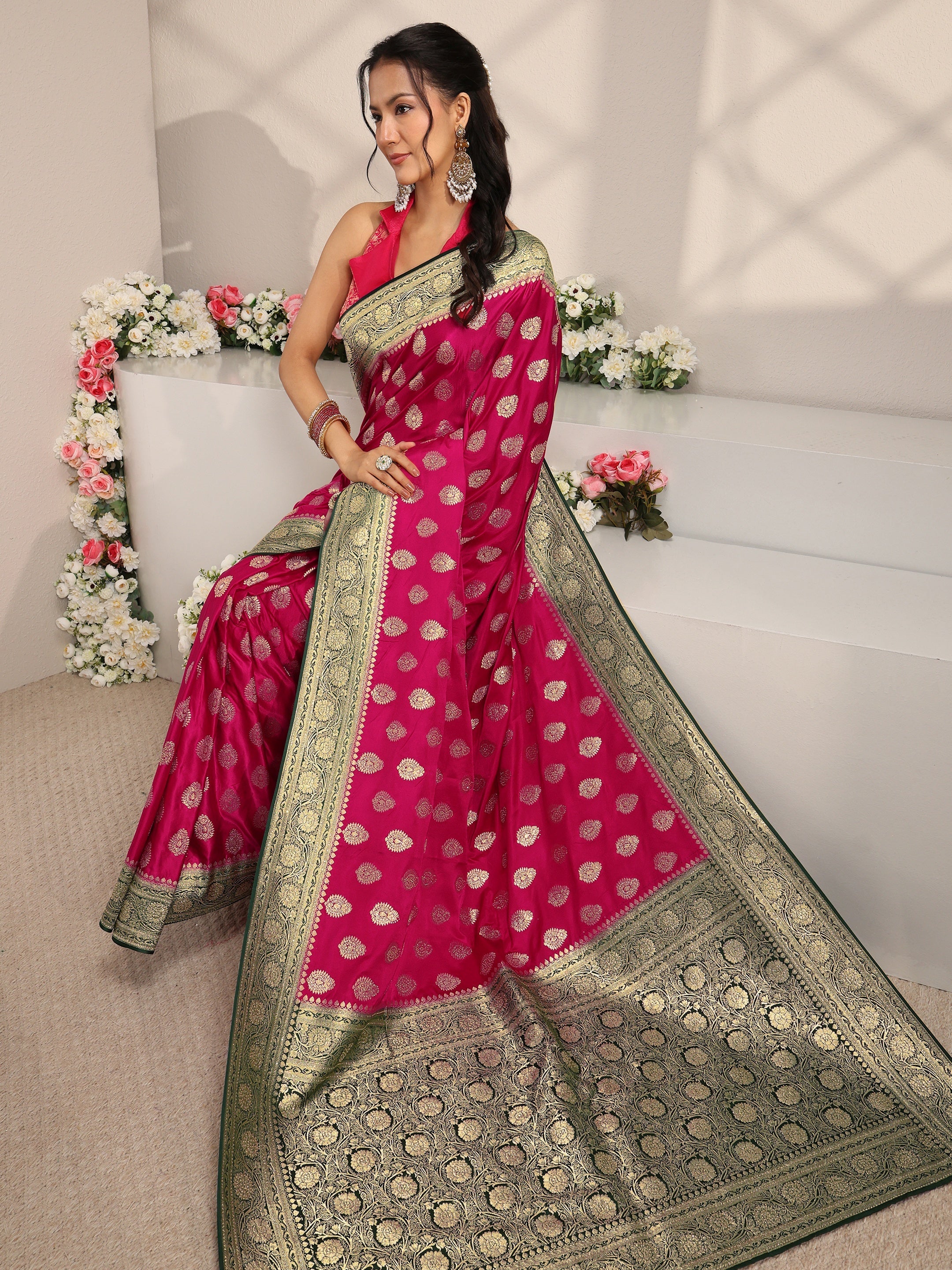 Libas Art Pink Ethnic Woven Design Satin Saree With Unstitched Blouse Piece-picture-32
