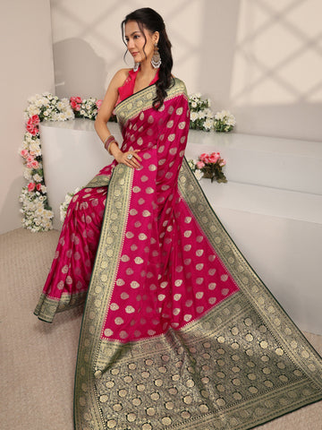 Libas Art Pink Ethnic Woven Design Satin Saree With Unstitched Blouse Piece