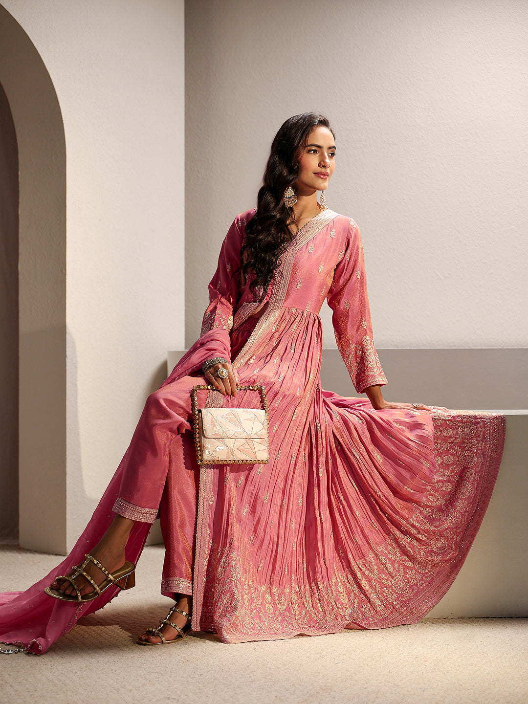  Libas Art Pink Floral Embellished Silk Blend Anarkali Suit Set With Dupatta 