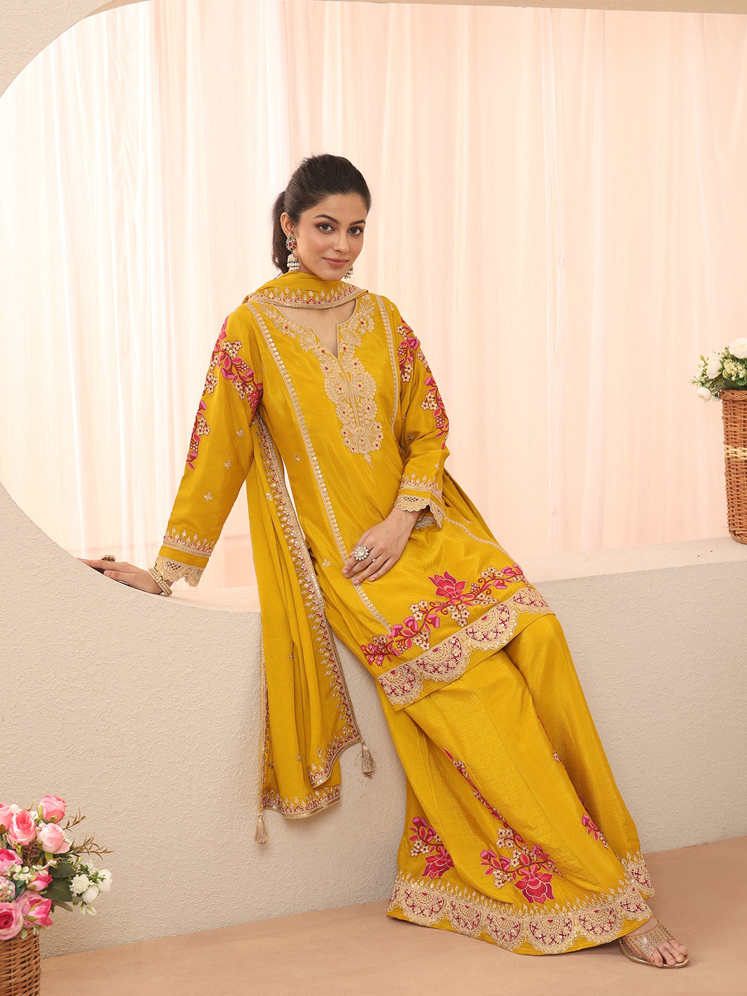  Libas Art Pink Floral Embroidered Crepe Co-Ord Set 