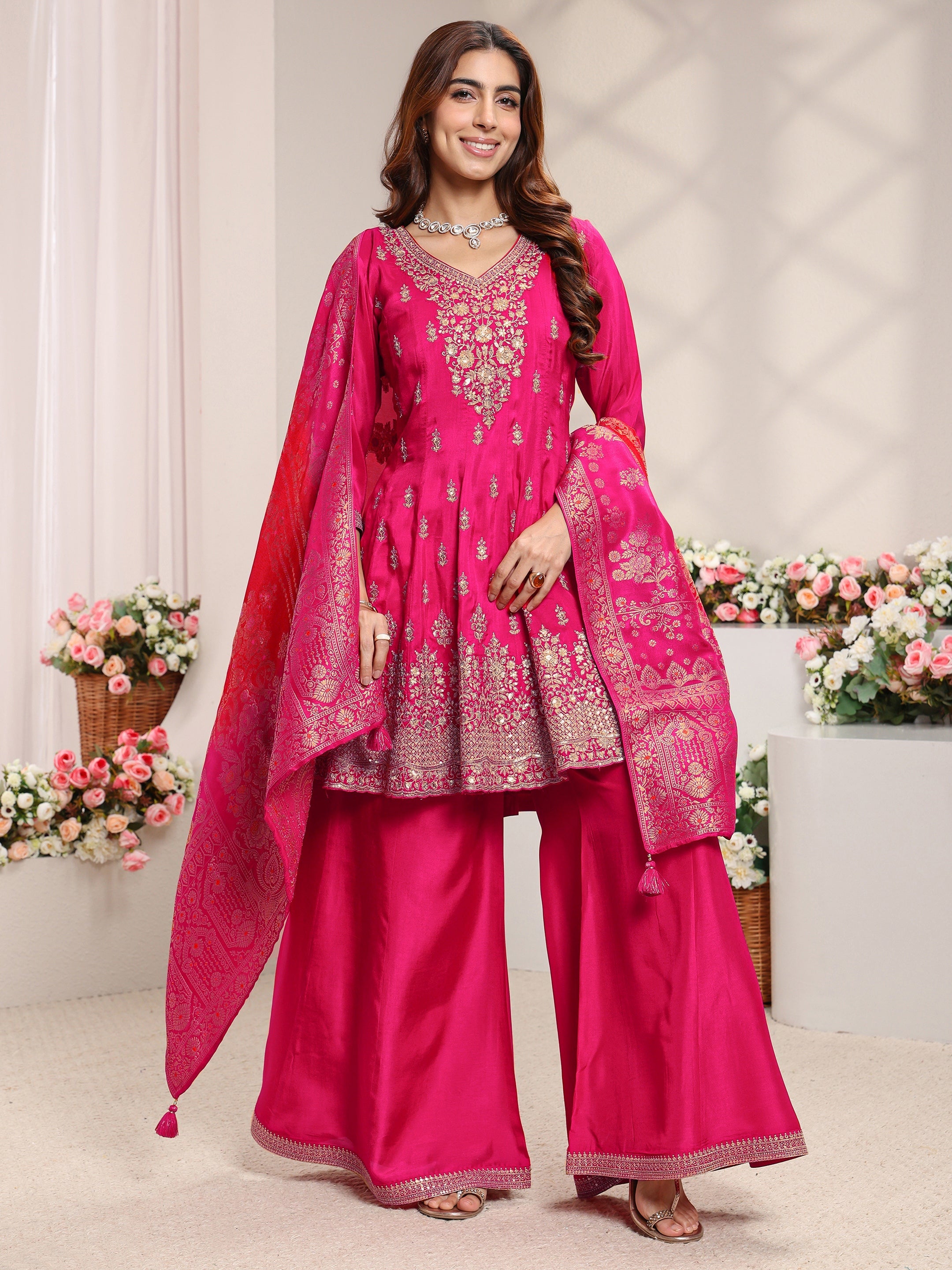 Libas Art Pink Floral Embroidered Silk Blend A-Line Suit Set With Dupatta-picture-49