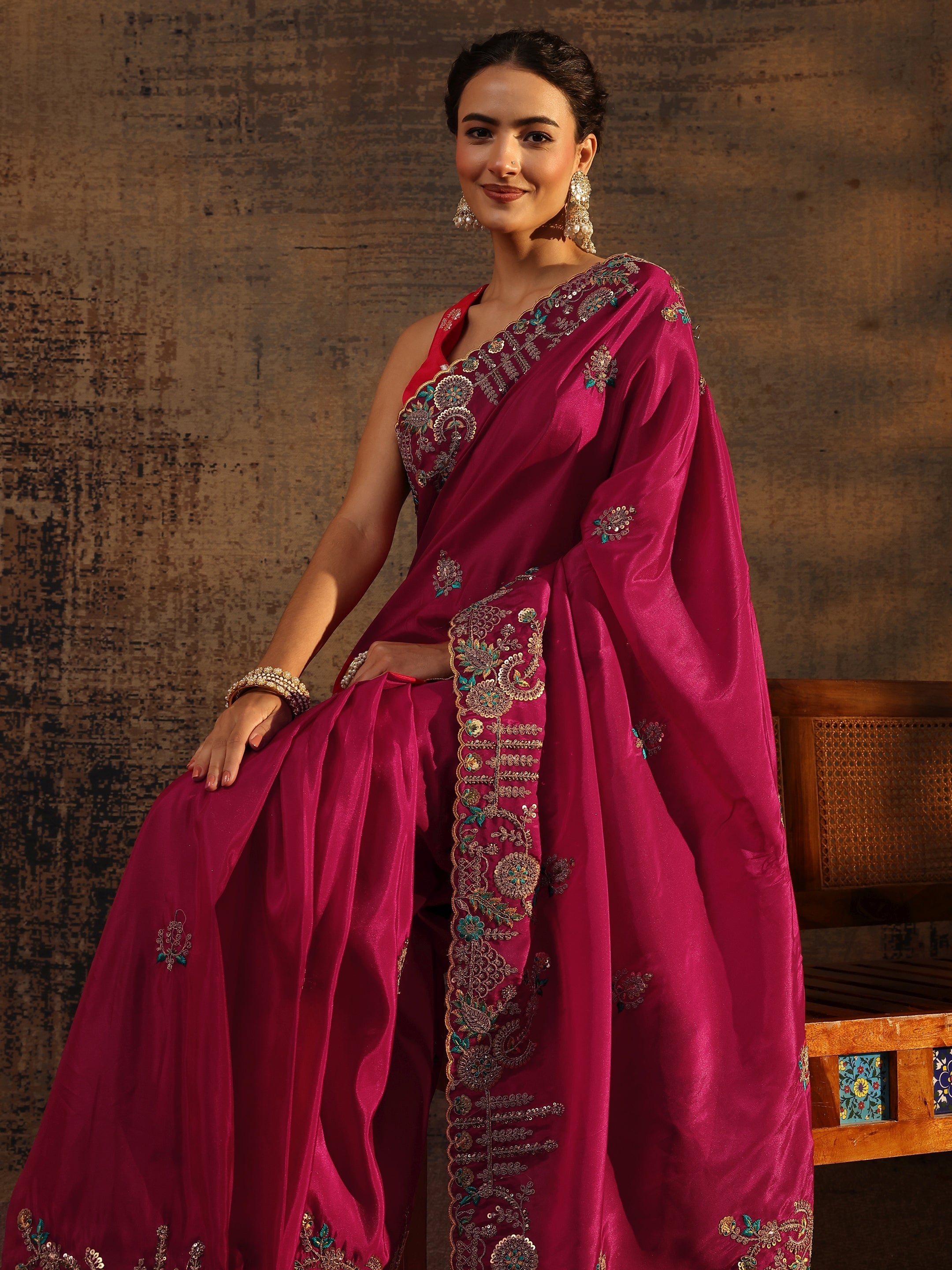 Libas Art Pink Floral Embroidered Tissue Saree With Unstitched Blouse Piece-picture-50