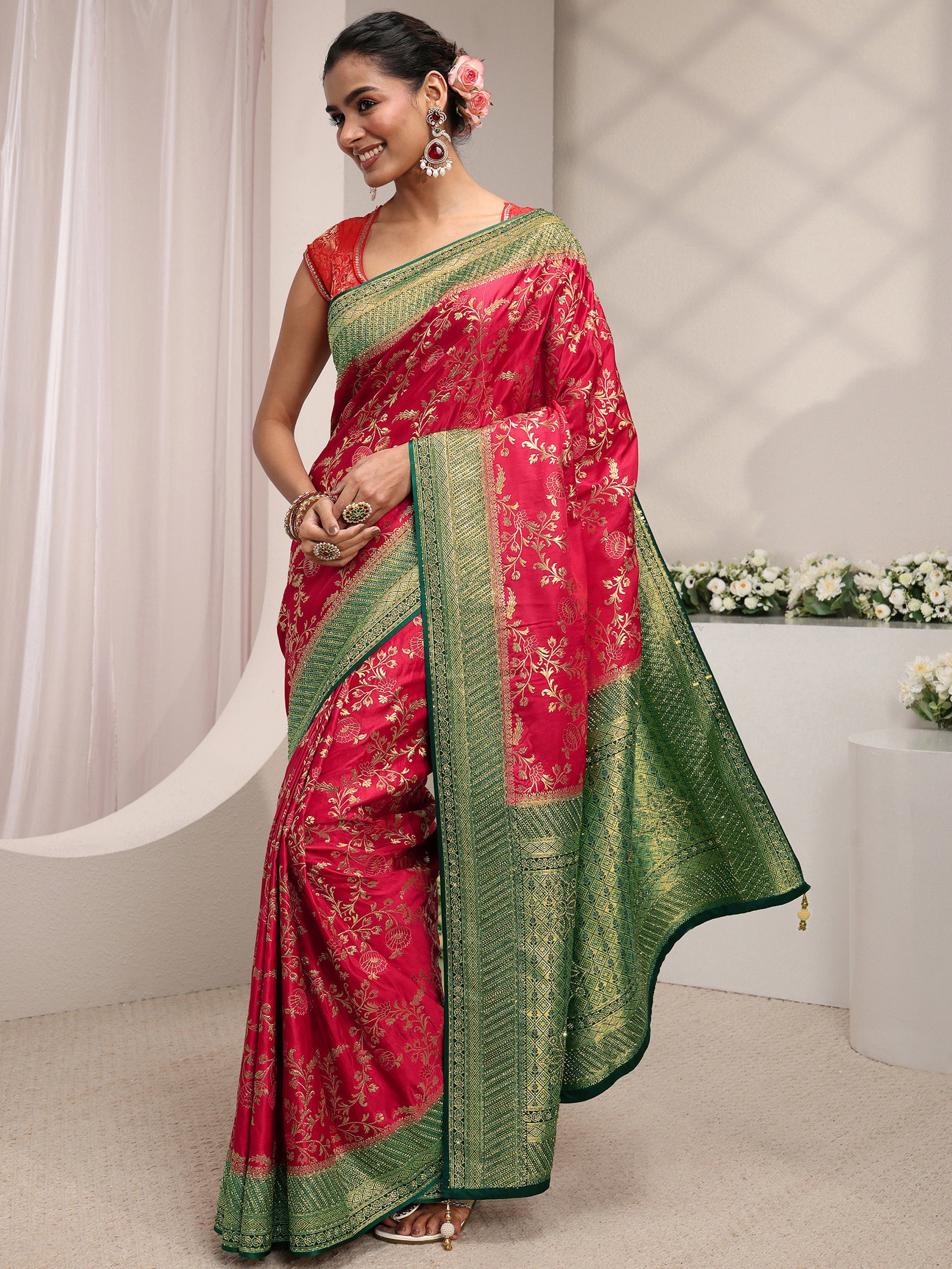 Libas Art Pink Floral Woven Design Satin Saree With Unstitched Blouse Piece-picture-33