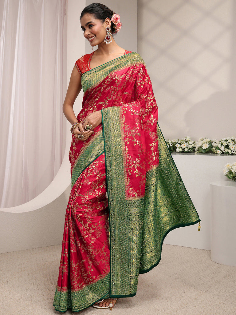 Libas Art Pink Floral Woven Design Satin Saree With Unstitched Blouse Piece
