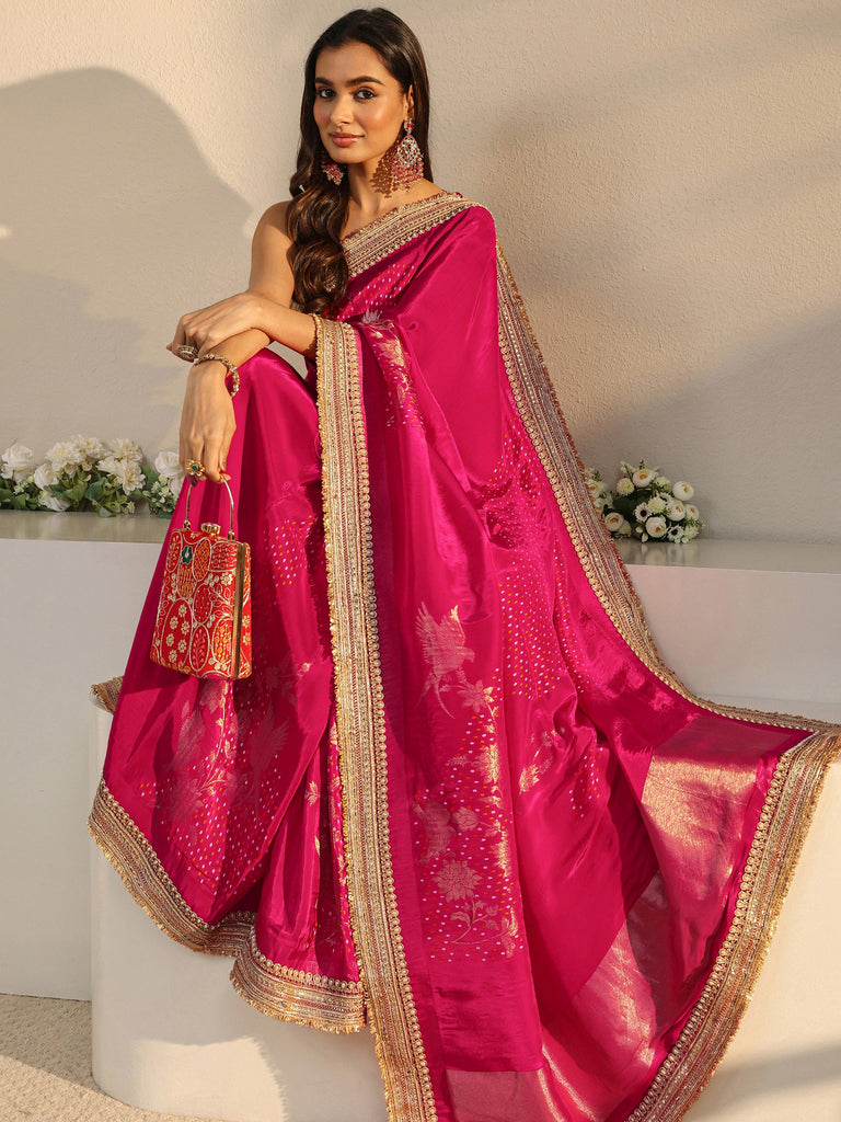 Libas Art Pink Floral Woven Design Satin Saree With Unstitched Blouse Piece