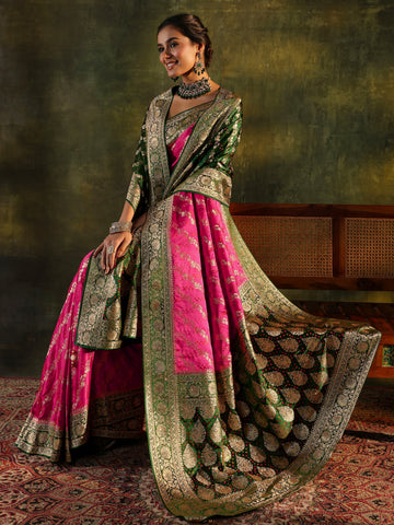 Libas Art Pink Gharchola Satin Saree With Unstitched Blouse Piece