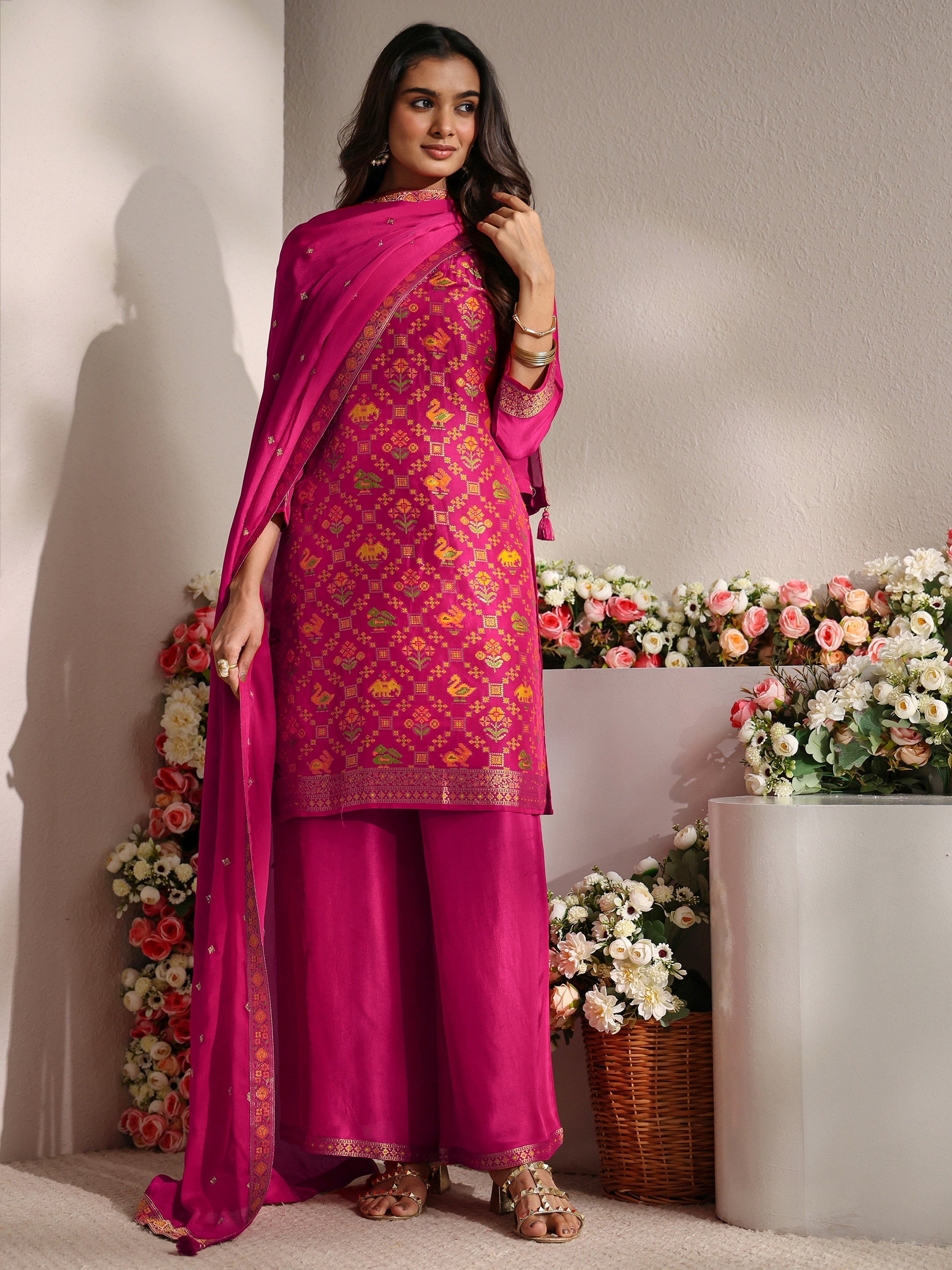 Libas Art Pink Patola Woven Design Silk Blend Straight Suit Set With Dupatta-picture-34
