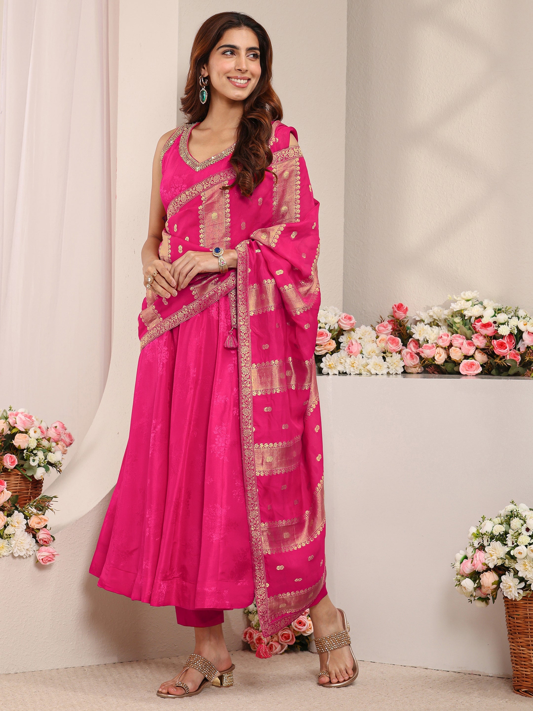 Libas Art Pink Woven Design Silk Blend A-Line Suit Set With Dupatta-picture-24